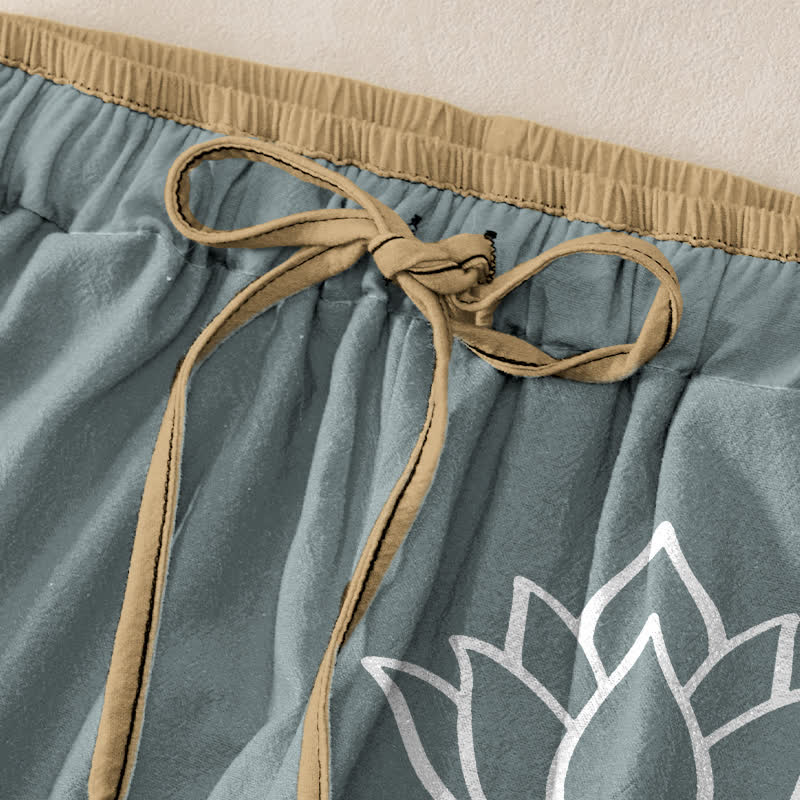 Buddha Stones Pure Cotton White Lotus Pattern Women's Elastic Waist Pants With Pockets - image 9