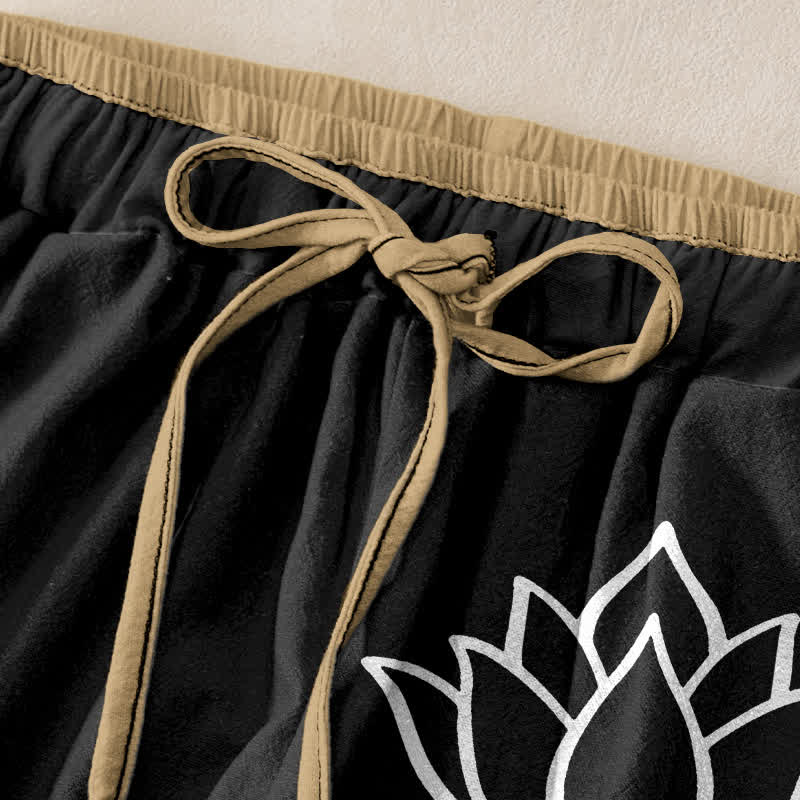 Buddha Stones Pure Cotton White Lotus Pattern Women's Elastic Waist Pants With Pockets - image 1