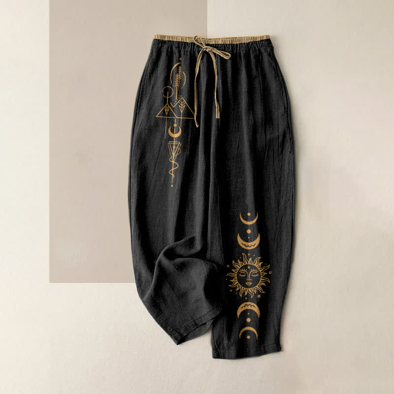 Buddha Stones Pure Cotton Celestial Sun Moon Pattern Women's Elastic Waist Pants With Pockets - Black - US16，UK/AU20，EU48 (3XL) - image 0