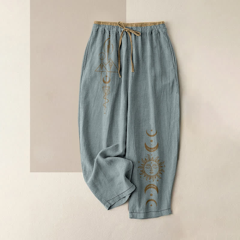 Buddha Stones Pure Cotton Celestial Sun Moon Pattern Women's Elastic Waist Pants With Pockets - LightBlue - US16，UK/AU20，EU48 (3XL) - image 8