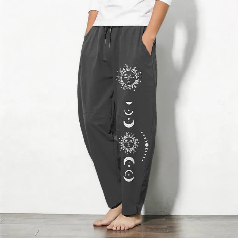 Buddha Stones Pure Cotton Sun Moon Phase Pattern Drawstring Men's Tapered Pants With Pockets - image 1