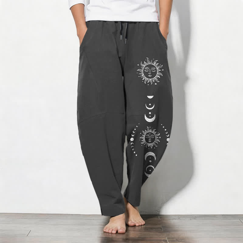 Buddha Stones Pure Cotton Sun Moon Phase Pattern Drawstring Men's Tapered Pants With Pockets - Black - US/UK/AU50，EU60 (5XL) - image 0