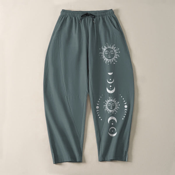 Buddha Stones Pure Cotton Sun Moon Phase Pattern Drawstring Men's Tapered Pants With Pockets - image 13