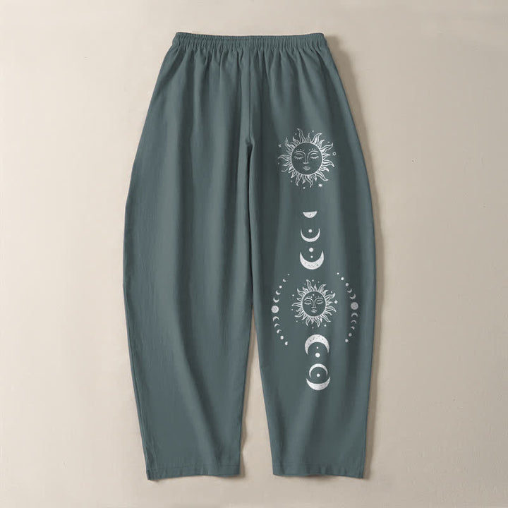 Buddha Stones Pure Cotton Sun Moon Phase Pattern Drawstring Men's Tapered Pants With Pockets - image 14