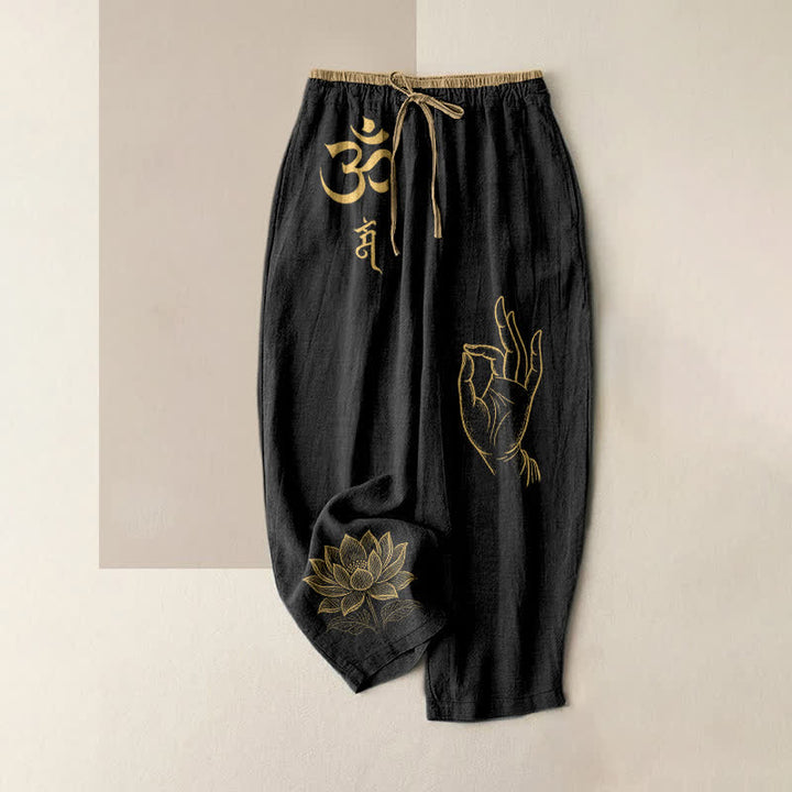 Buddha Stones Pure Cotton Sacred Om Lotus Pattern Women's Elastic Waist Pants With Pockets - Black - US16，UK/AU20，EU48 (3XL) - image 0