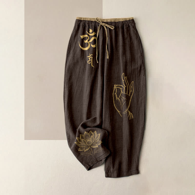 Buddha Stones Pure Cotton Sacred Om Lotus Pattern Women's Elastic Waist Pants With Pockets - SaddleBrown - US16，UK/AU20，EU48 (3XL) - image 4