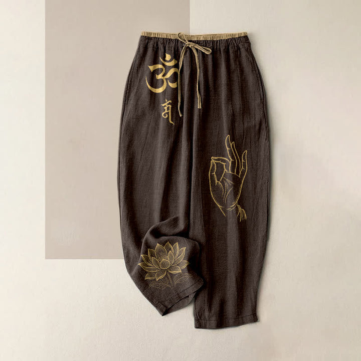 Buddha Stones Pure Cotton Sacred Om Lotus Pattern Women's Elastic Waist Pants With Pockets - SaddleBrown - US16，UK/AU20，EU48 (3XL) - image 4