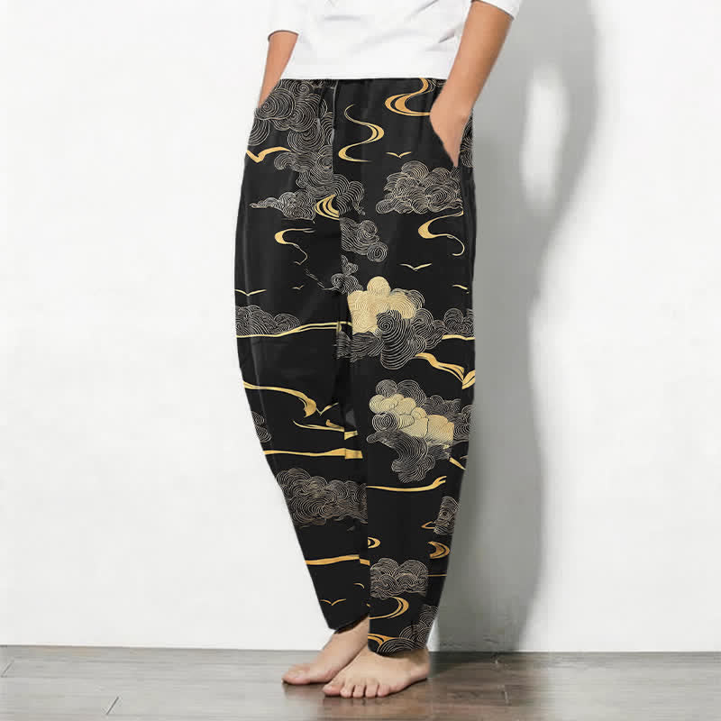 Buddha Stones Pure Cotton Golden Cloud Wave Pattern Drawstring Men's Tapered Pants With Pockets - image 1