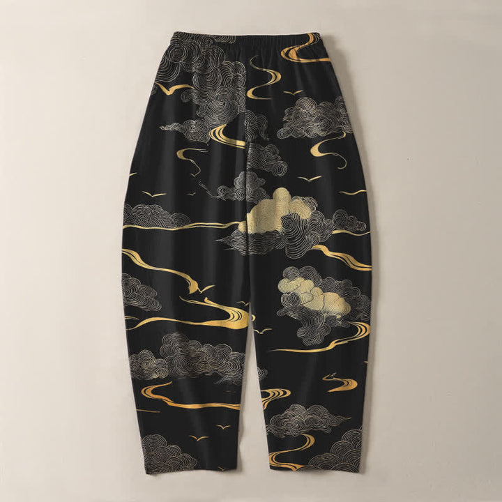 Buddha Stones Pure Cotton Golden Cloud Wave Pattern Drawstring Men's Tapered Pants With Pockets - image 3