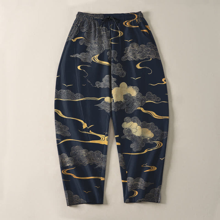 Buddha Stones Pure Cotton Golden Cloud Wave Pattern Drawstring Men's Tapered Pants With Pockets - image 13