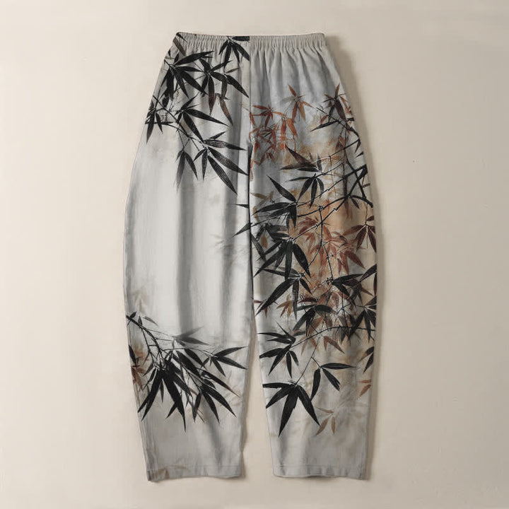 Buddha Stones Pure Cotton Ink Bamboo Leaf Pattern Drawstring Men's Tapered Pants With Pockets - image 3