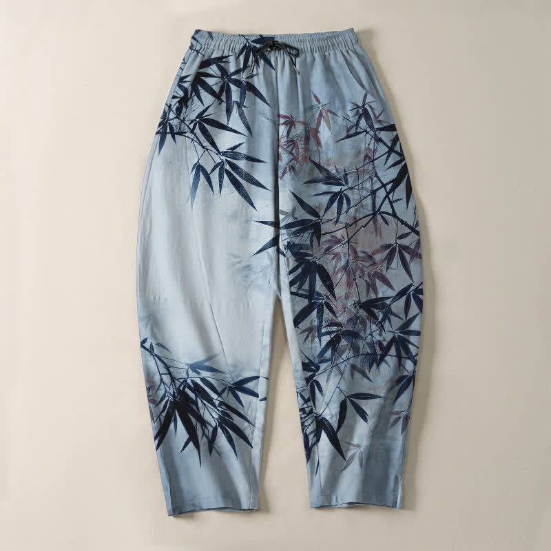 Buddha Stones Pure Cotton Ink Bamboo Leaf Pattern Drawstring Men's Tapered Pants With Pockets - image 9