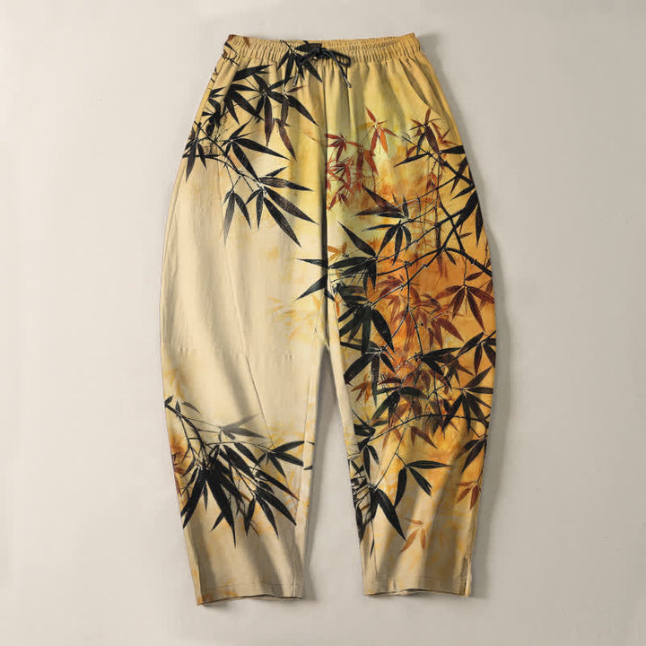 Buddha Stones Pure Cotton Ink Bamboo Leaf Pattern Drawstring Men's Tapered Pants With Pockets - image 13