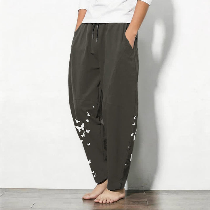 Buddha Stones Pure Cotton White Butterfly Cluster Pattern Drawstring Men's Tapered Pants With Pockets - image 1