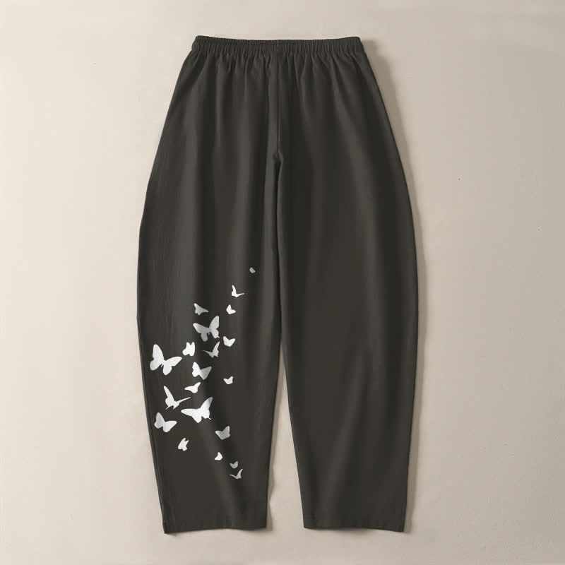 Buddha Stones Pure Cotton White Butterfly Cluster Pattern Drawstring Men's Tapered Pants With Pockets - image 3