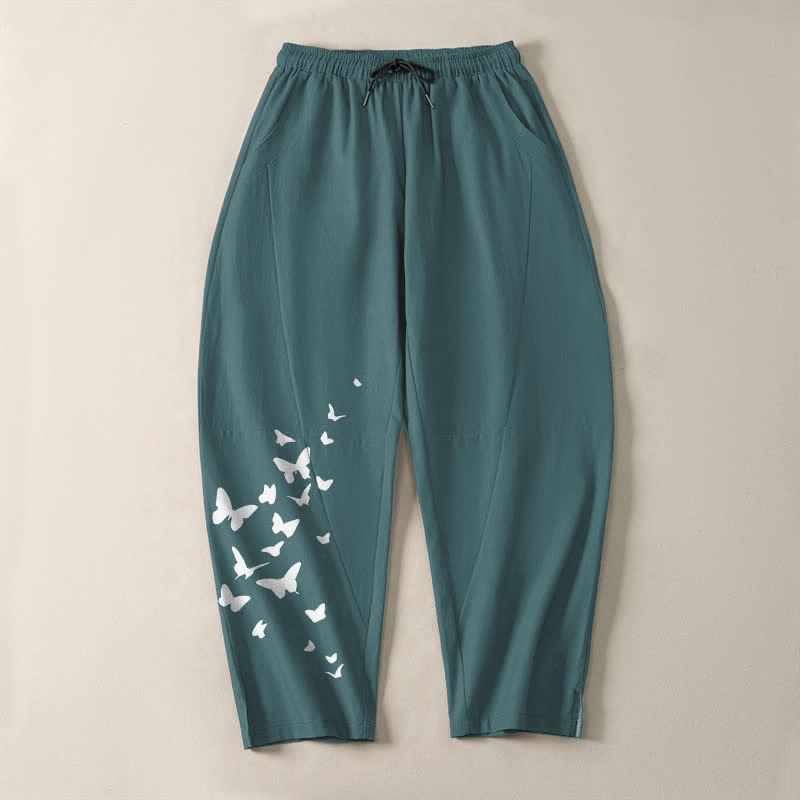 Buddha Stones Pure Cotton White Butterfly Cluster Pattern Drawstring Men's Tapered Pants With Pockets - image 13
