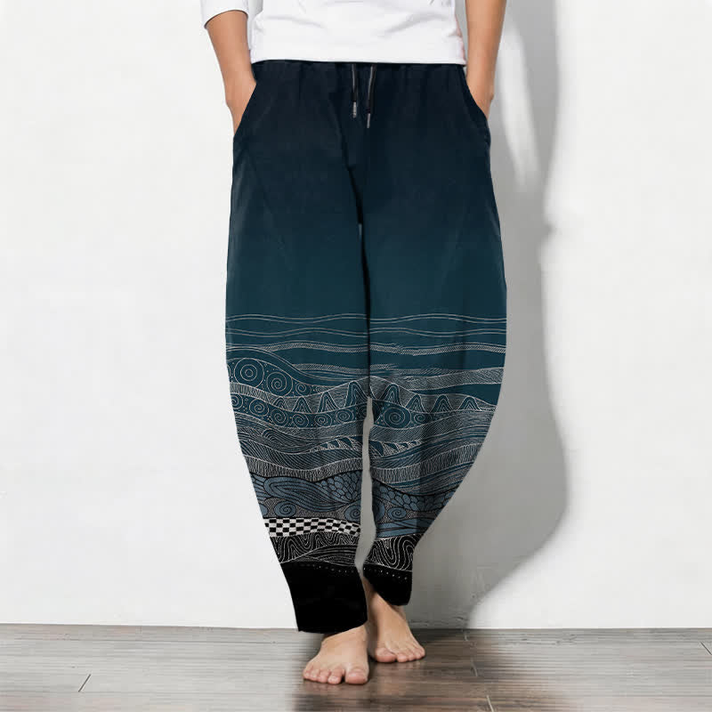 Buddha Stones Pure Cotton Tribal Wave Pattern Drawstring Men's Tapered Pants With Pockets - Teal - US/UK/AU50，EU60 (5XL) - image 0