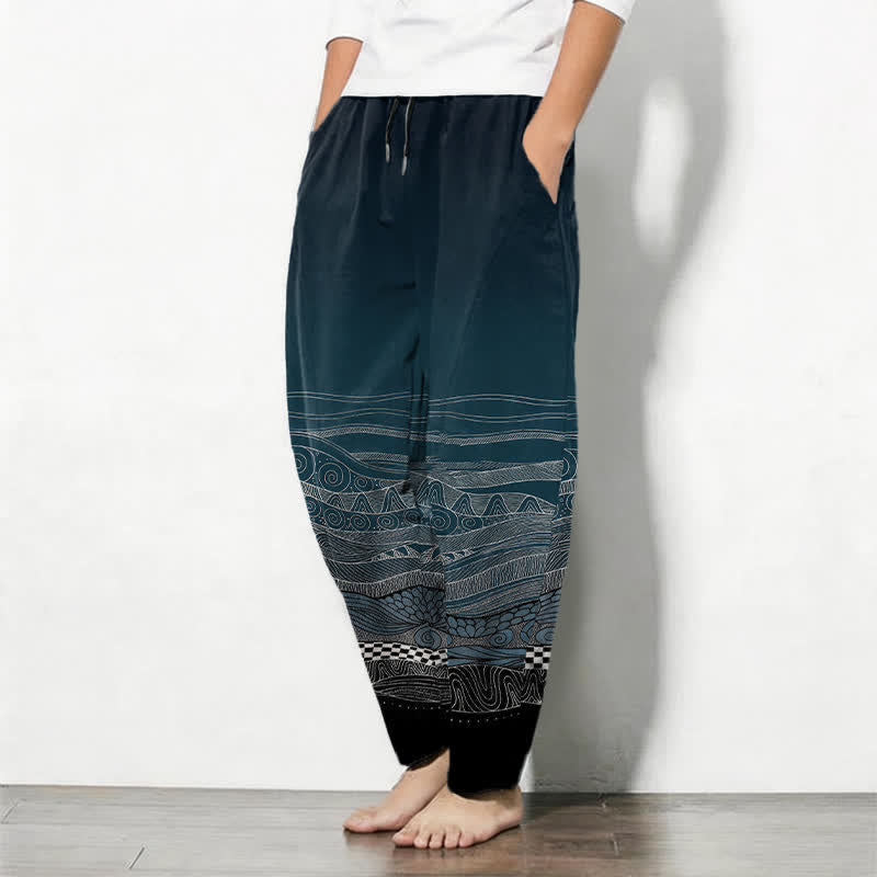 Buddha Stones Pure Cotton Tribal Wave Pattern Drawstring Men's Tapered Pants With Pockets - image 1