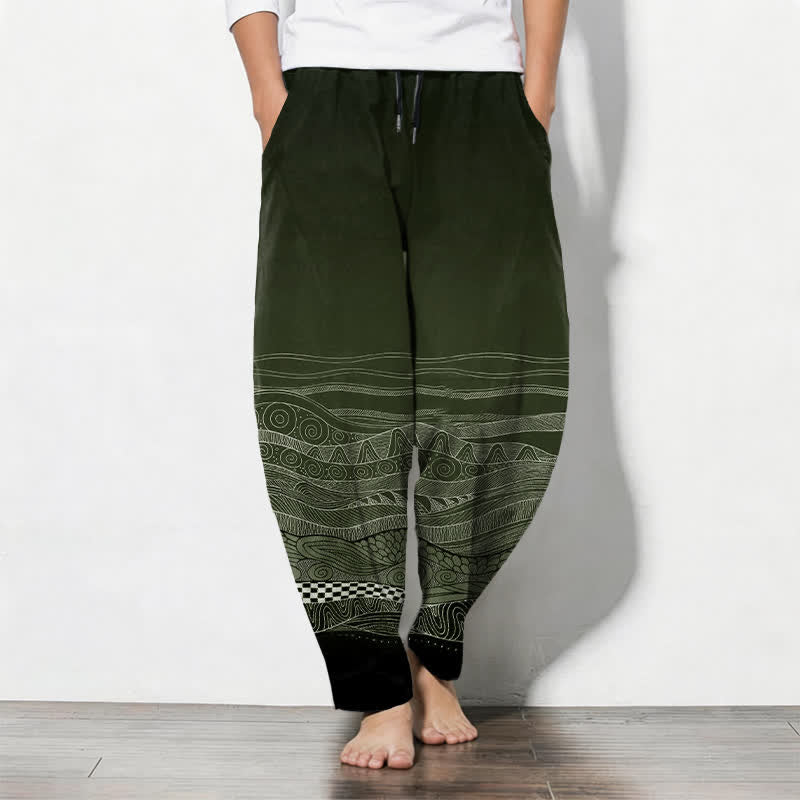Buddha Stones Pure Cotton Tribal Wave Pattern Drawstring Men's Tapered Pants With Pockets - DarkOliveGreen - US/UK/AU50，EU60 (5XL) - image 11