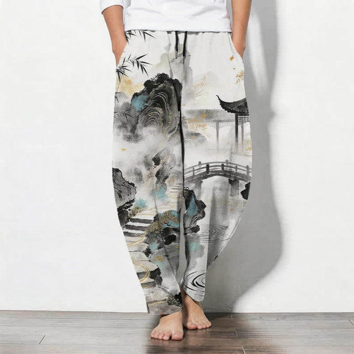 Buddha Stones Pure Cotton Ink Landscape Bamboo Pattern Drawstring Men's Tapered Pants With Pockets - White - US/UK/AU50，EU60 (5XL) - image 0