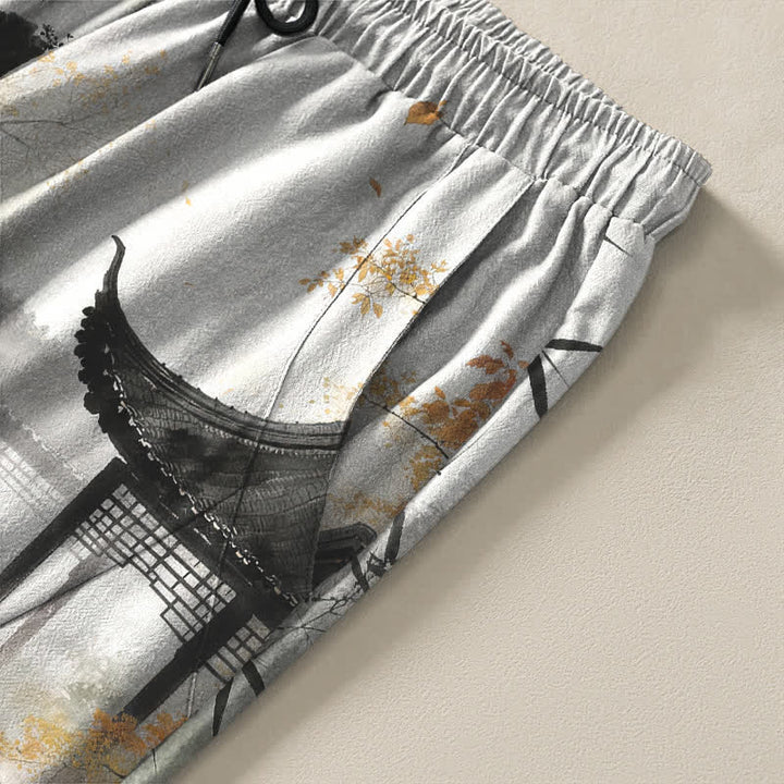 Buddha Stones Pure Cotton Ink Landscape Bamboo Pattern Drawstring Men's Tapered Pants With Pockets - image 4