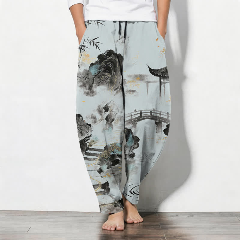 Buddha Stones Pure Cotton Ink Landscape Bamboo Pattern Drawstring Men's Tapered Pants With Pockets - PowderBlue - US/UK/AU50，EU60 (5XL) - image 7