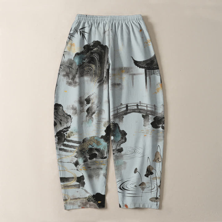 Buddha Stones Pure Cotton Ink Landscape Bamboo Pattern Drawstring Men's Tapered Pants With Pockets - image 10