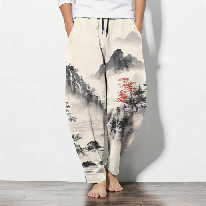 Buddha Stones Pure Cotton Ink Wash Mountain Landscape Pattern Drawstring Men's Tapered Pants With Pockets - White - US/UK/AU50，EU60 (5XL) - image 0