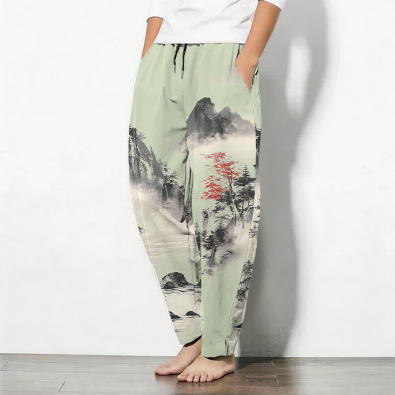 Buddha Stones Pure Cotton Ink Wash Mountain Landscape Pattern Drawstring Men's Tapered Pants With Pockets - image 8