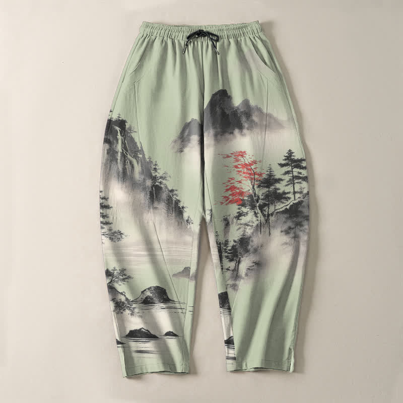 Buddha Stones Pure Cotton Ink Wash Mountain Landscape Pattern Drawstring Men's Tapered Pants With Pockets - image 9