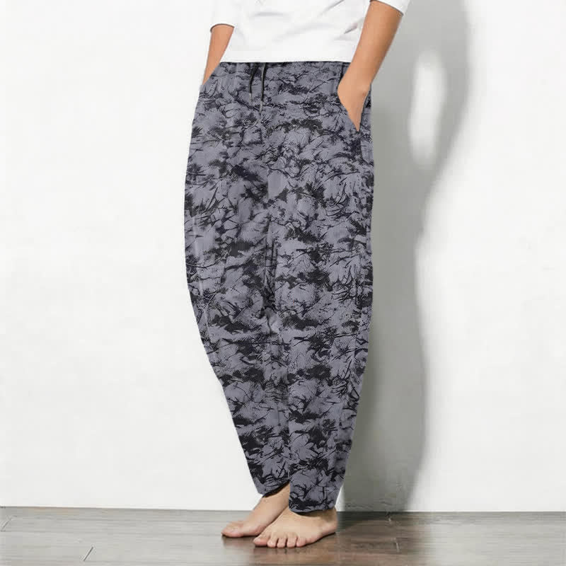 Buddha Stones Pure Cotton Dark Marble Camo Pattern Drawstring Men's Tapered Pants With Pockets - image 1