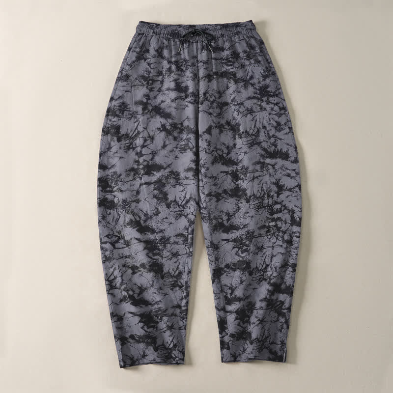 Buddha Stones Pure Cotton Dark Marble Camo Pattern Drawstring Men's Tapered Pants With Pockets - image 2