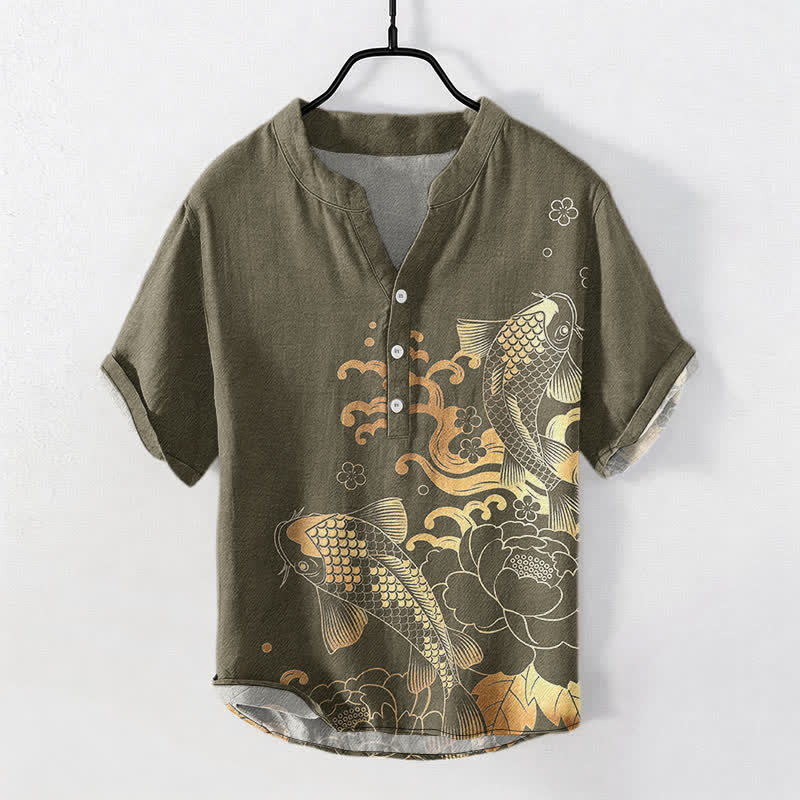 Buddha Stones Cotton Koi Fish Peony Pattern Men's Short Sleeve Half Button Shirt - DarkKhaki - US/UK/AU50，EU60 (5XL) - image 0