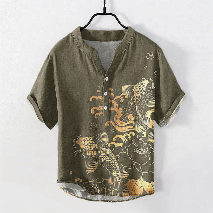 Buddha Stones Cotton Koi Fish Peony Pattern Men's Short Sleeve Half Button Shirt - DarkKhaki - US/UK/AU50，EU60 (5XL) - image 0