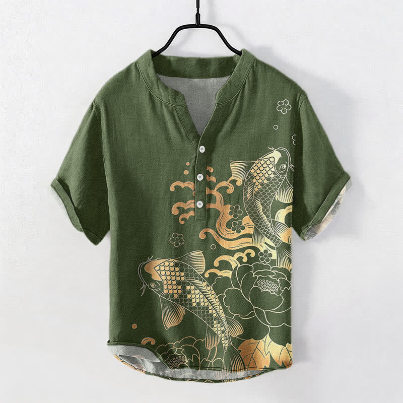 Buddha Stones Cotton Koi Fish Peony Pattern Men's Short Sleeve Half Button Shirt - OliveDrab - US/UK/AU50，EU60 (5XL) - image 7