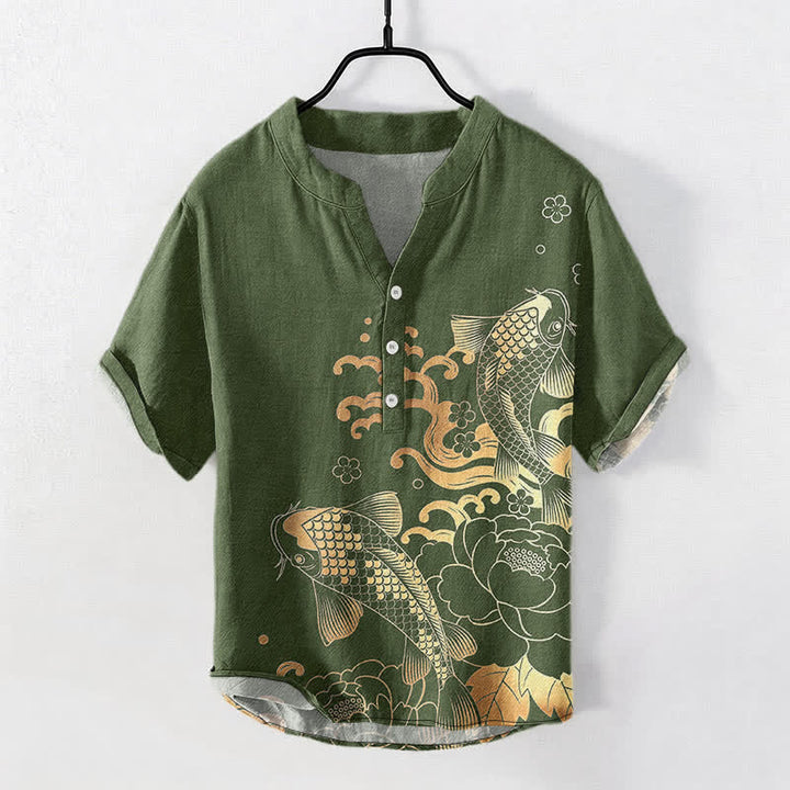 Buddha Stones Cotton Koi Fish Peony Pattern Men's Short Sleeve Half Button Shirt - OliveDrab - US/UK/AU50，EU60 (5XL) - image 7