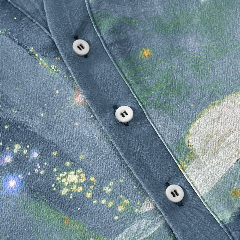 Buddha Stones Cotton Ink Wash Landscape Pattern Men's Short Sleeve Half Button Shirt - image 3