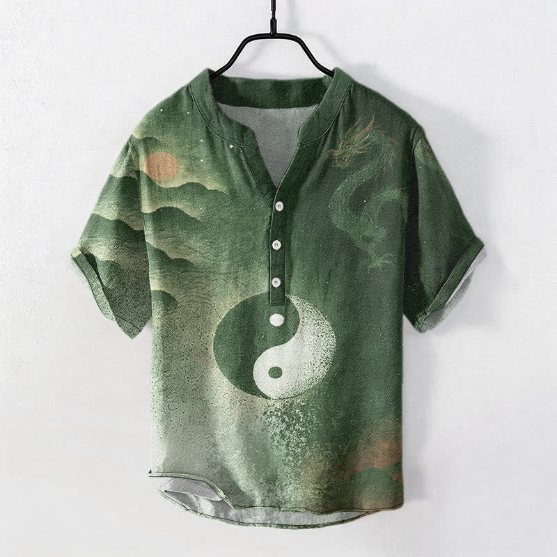 Buddha Stones Cotton Yin Yang Cloud Pattern Men's Short Sleeve Half Button Shirt - DarkOliveGreen - US/UK/AU50，EU60 (5XL) - image 7