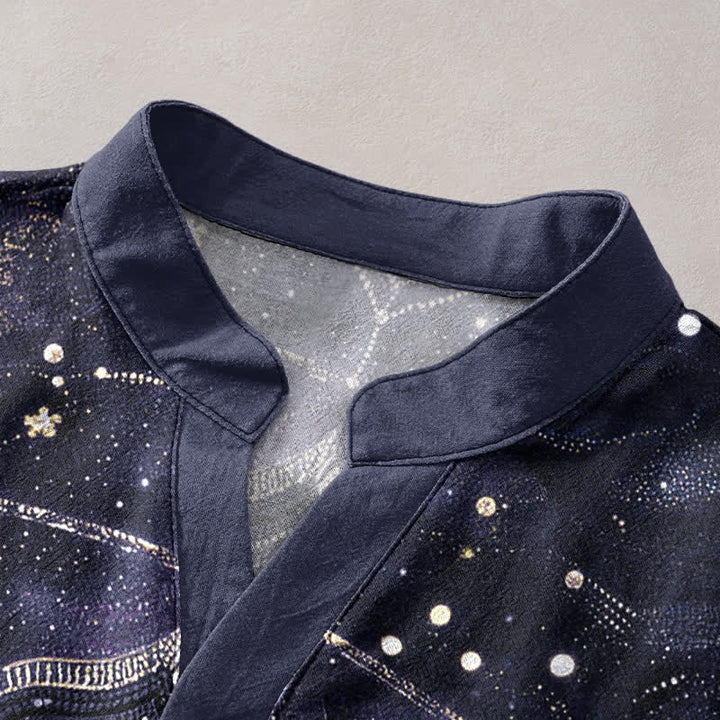 Buddha Stones Cotton Golden Mandala Galaxy Pattern Men's Short Sleeve Half Button Shirt - image 2