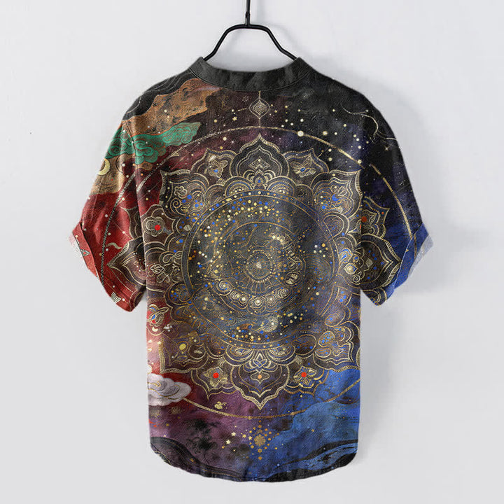 Buddha Stones Cotton Golden Mandala Galaxy Pattern Men's Short Sleeve Half Button Shirt - image 6