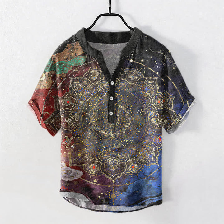 Buddha Stones Cotton Golden Mandala Galaxy Pattern Men's Short Sleeve Half Button Shirt - Multicolor - US/UK/AU50，EU60 (5XL) - image 5