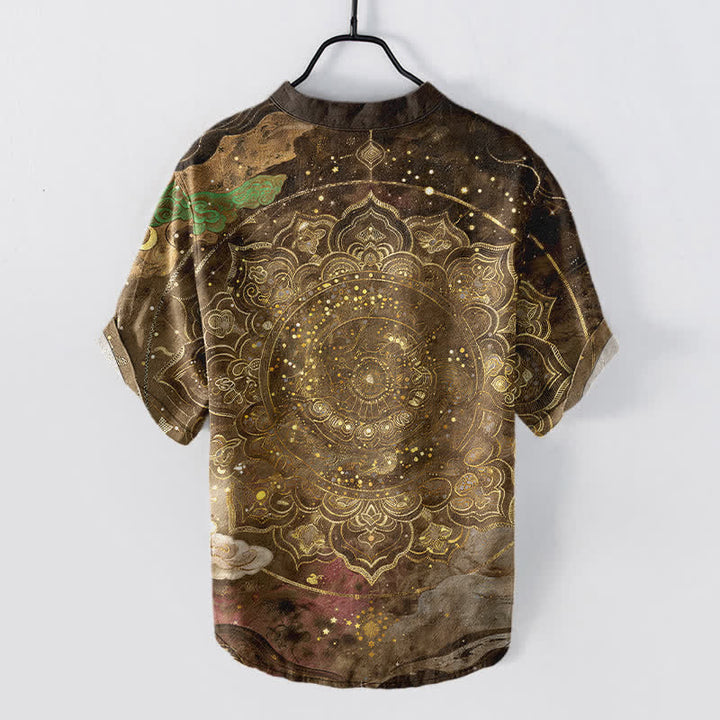 Buddha Stones Cotton Golden Mandala Galaxy Pattern Men's Short Sleeve Half Button Shirt - image 8