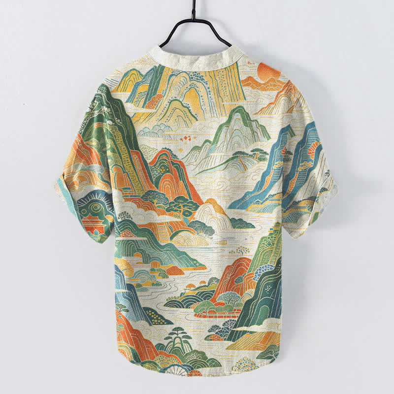 Buddha Stones Cotton Abstract Mountain Landscape Pattern Men's Short Sleeve Half Button Shirt - image 1