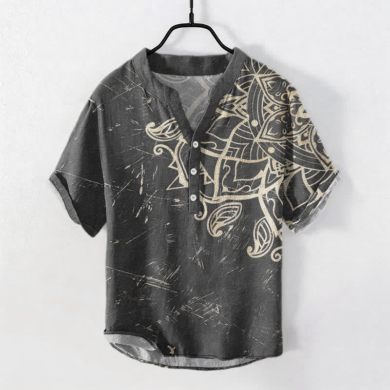 Buddha Stones Cotton Vintage Mandala Floral Pattern Men's Short Sleeve Half Button Shirt - DimGray - US/UK/AU50，EU60 (5XL) - image 5