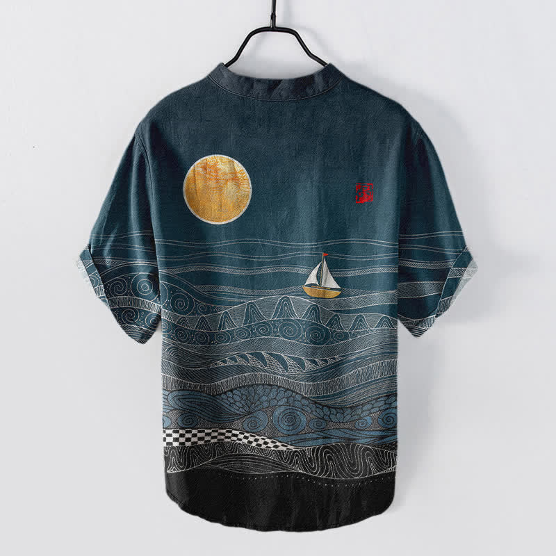 Buddha Stones Cotton Ocean Wave Sailboat Pattern Men's Short Sleeve Half Button Shirt - image 1