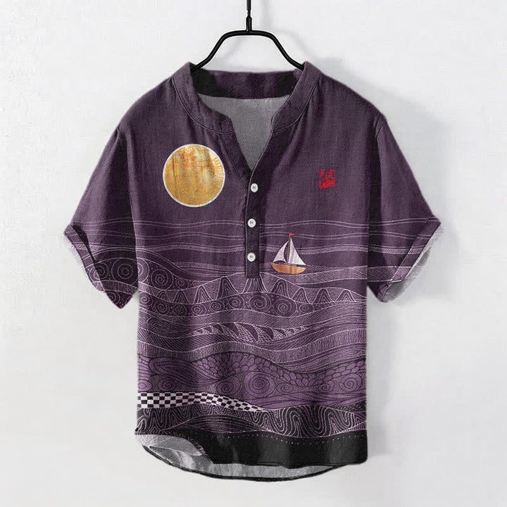 Buddha Stones Cotton Ocean Wave Sailboat Pattern Men's Short Sleeve Half Button Shirt - Purple - US/UK/AU50，EU60 (5XL) - image 7