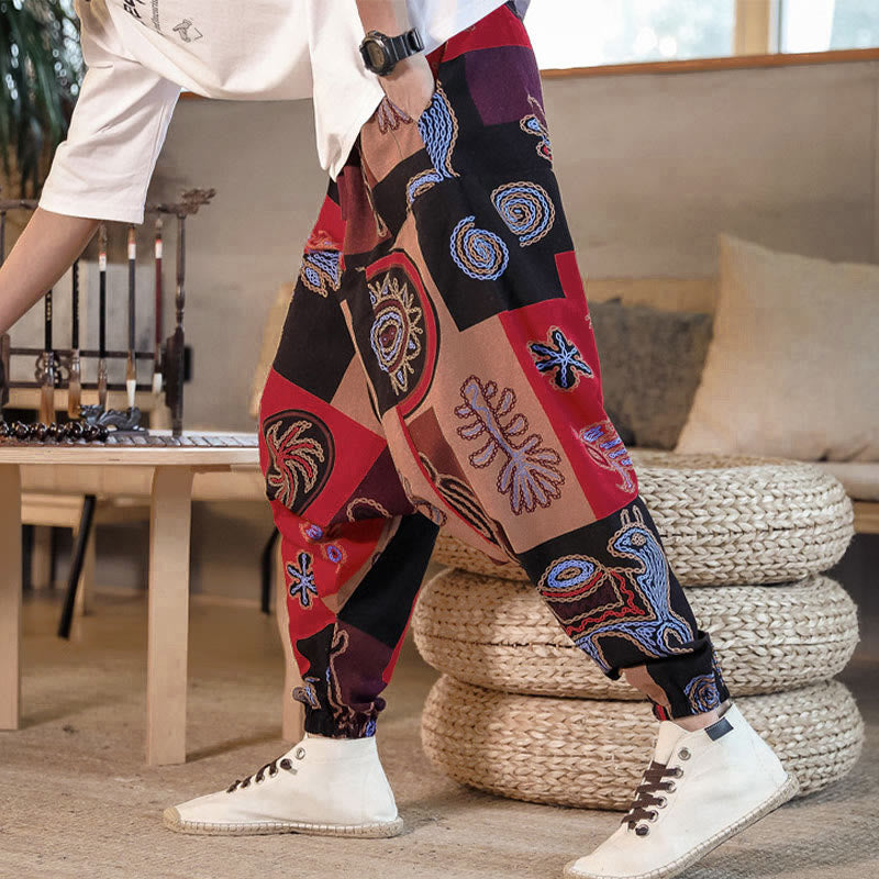 Buddha Stones Grid Flower Print Men's Harem Cropped Pants With Pockets - image 3