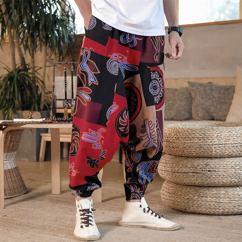 Buddha Stones Grid Flower Print Men's Harem Cropped Pants With Pockets - image 5