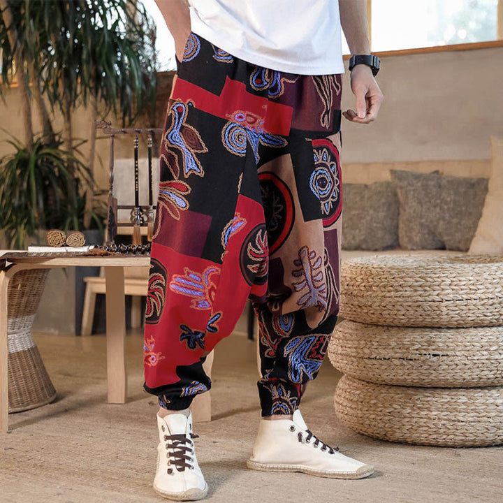 Buddha Stones Grid Flower Print Men's Harem Cropped Pants With Pockets - image 5