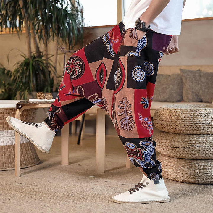 Buddha Stones Grid Flower Print Men's Harem Cropped Pants With Pockets - image 4